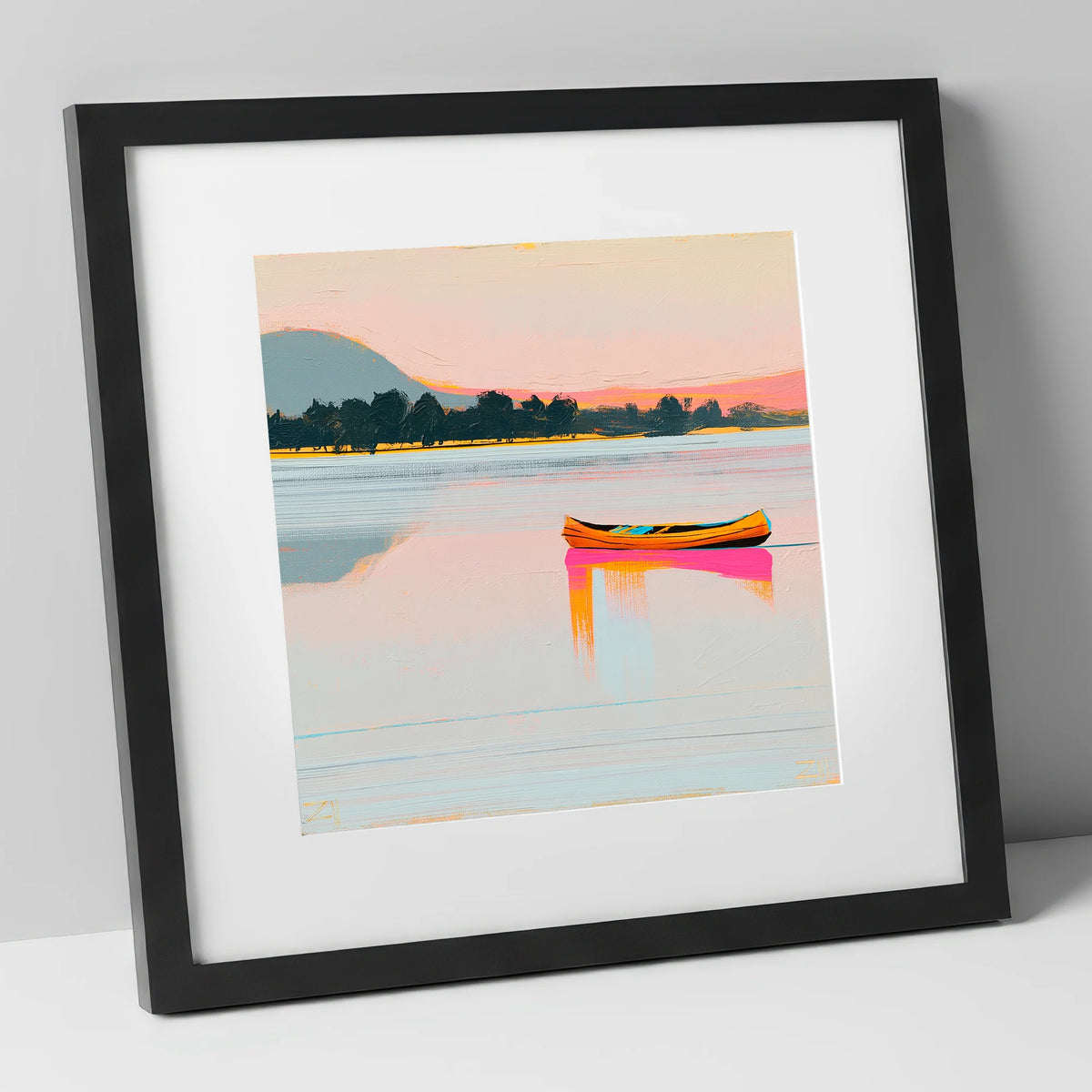 Bright Wooden Canoe on Windermere lake district lake art print in black frame
