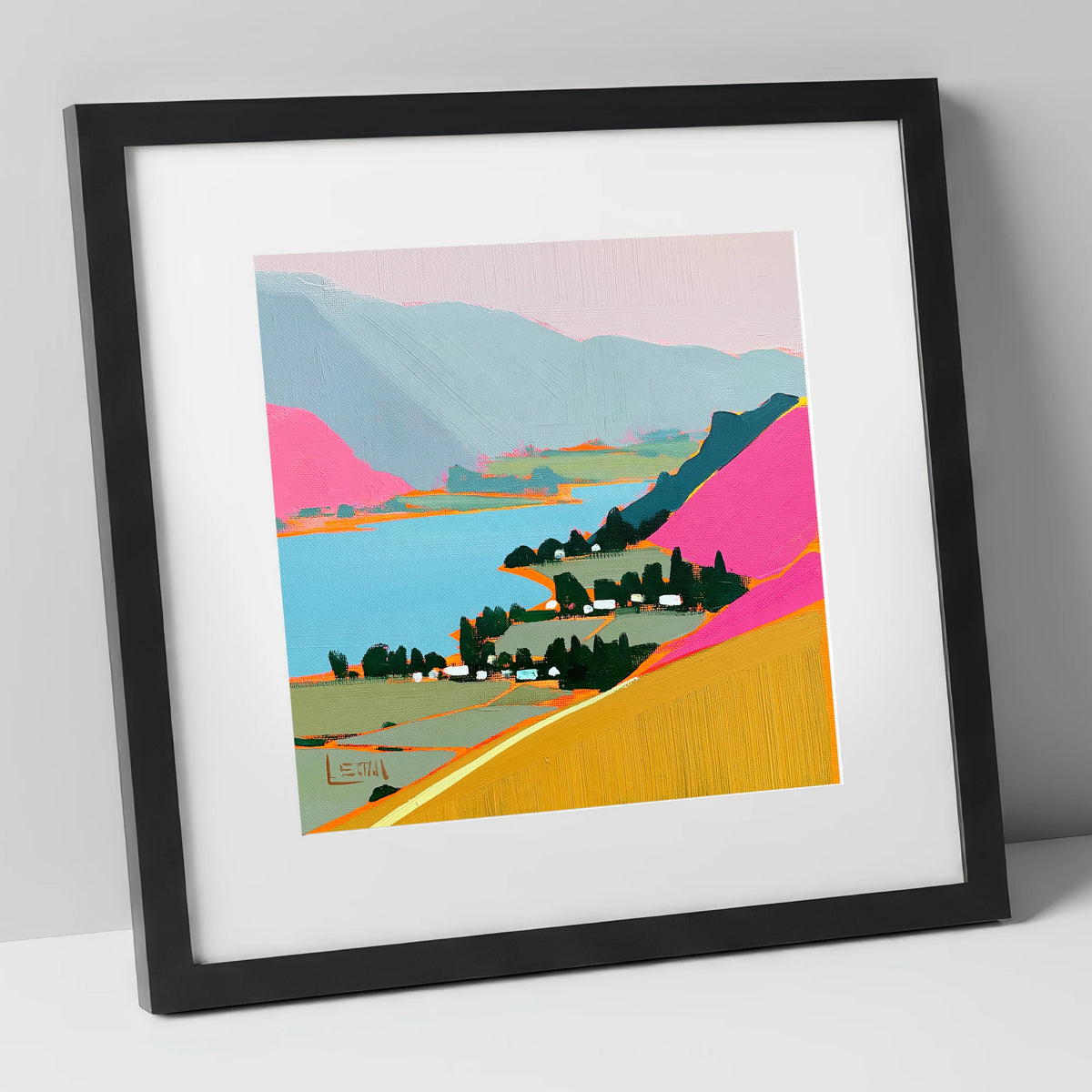 Vibrant Ullswater from Place Fell lake district village art print in black frame