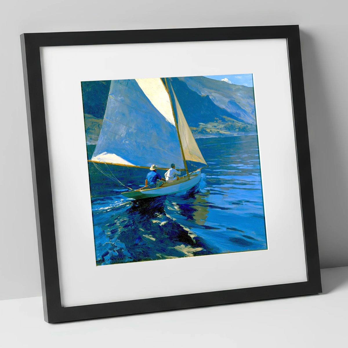 Sailboat on Deep Cobalt Waters lake district walking art print in black frame
