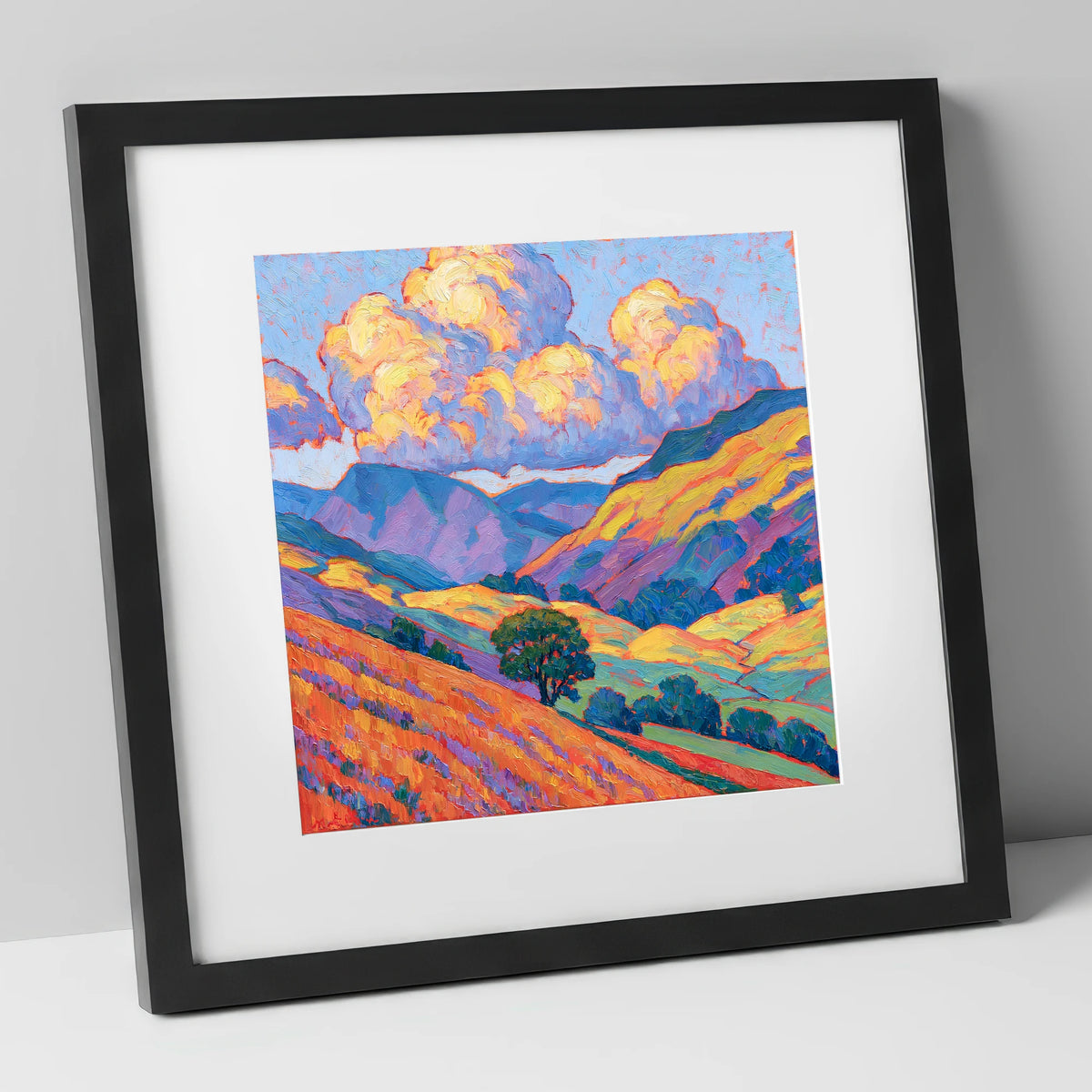 Golden Fellside with Violet Shadows lake district fell art print in black frame