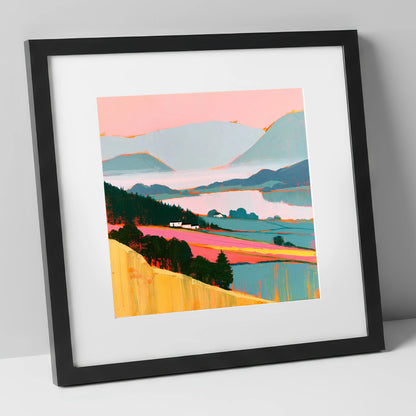 Pink Morning Valley Mist lake district sky art print in black frame