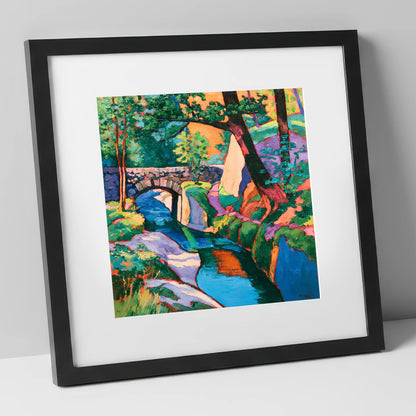 Vibrant Bridge Over Turquoise Beck lake district waterfall art print in black frame