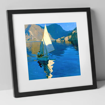 Sunlit Sailboat on a Breezy Lake lake district walking art print in black frame