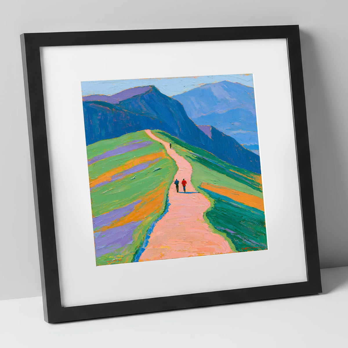 Walkers on a Vibrant Mountain Path lake district walking art print in black frame