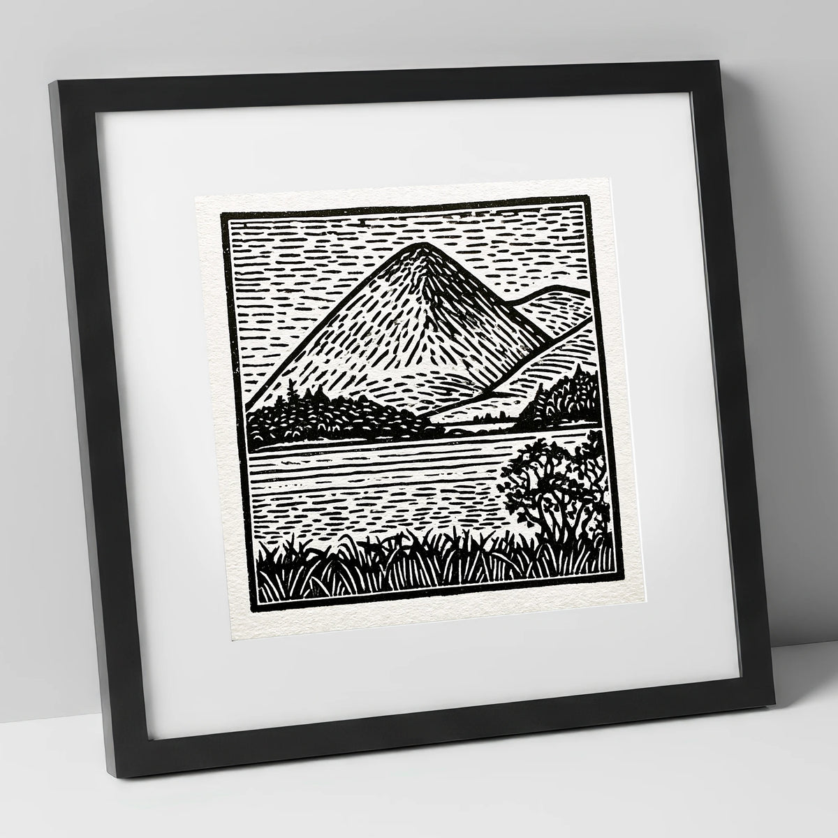 Bold Monochrome Catbells Peak lake district fell art print in black frame