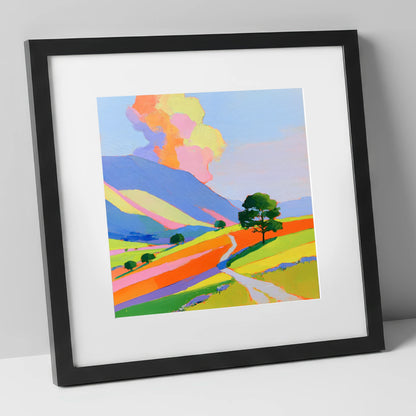 Winding Path Through Colourful Fells lake district fell art print in black frame