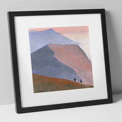 Walkers on a Dusk Ridge lake district walking art print in black frame
