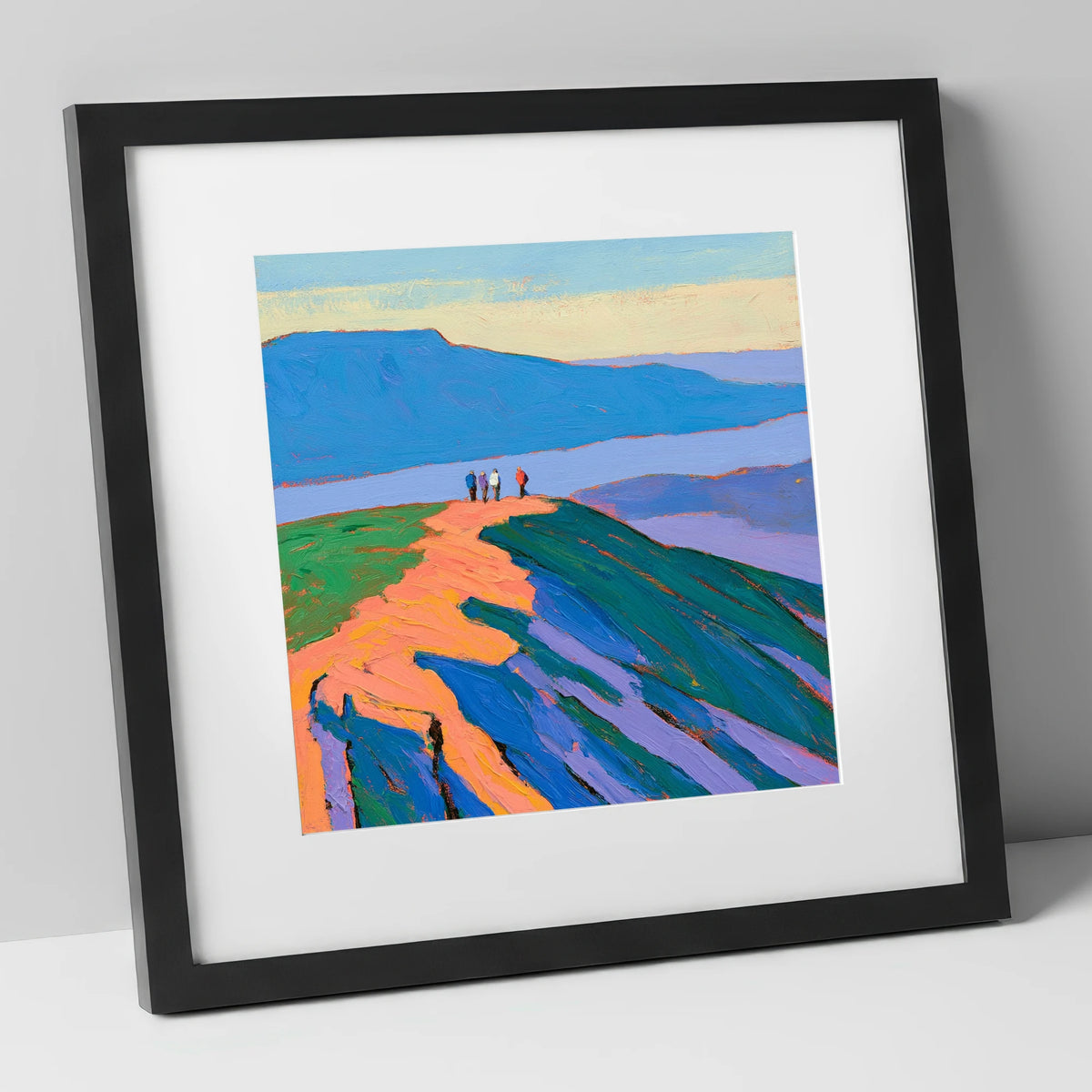 Vibrant Fell Top Hikers lake district fell art print in black frame