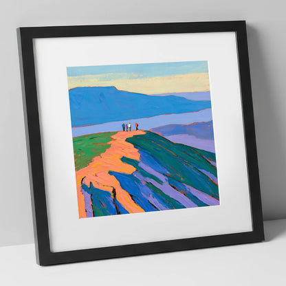 Vibrant Fell Top Hikers lake district fell art print in black frame