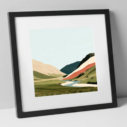 Winding River and Terracotta Fells lake district waterfall art print in black frame
