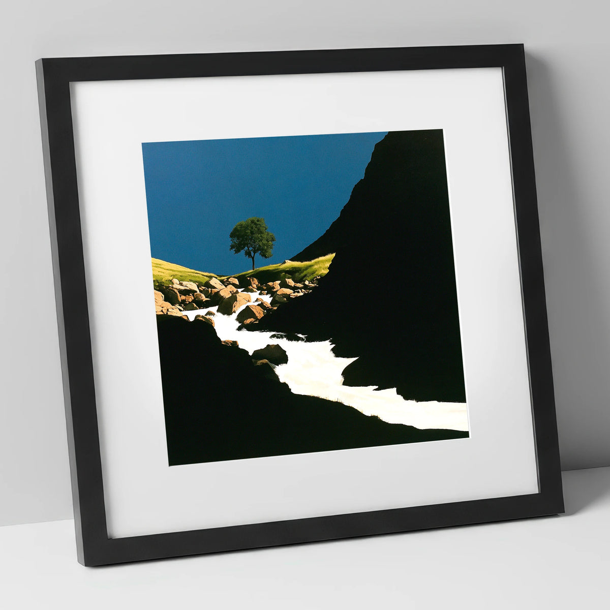 Lone Tree Above Rushing Beck lake district waterfall art print in black frame