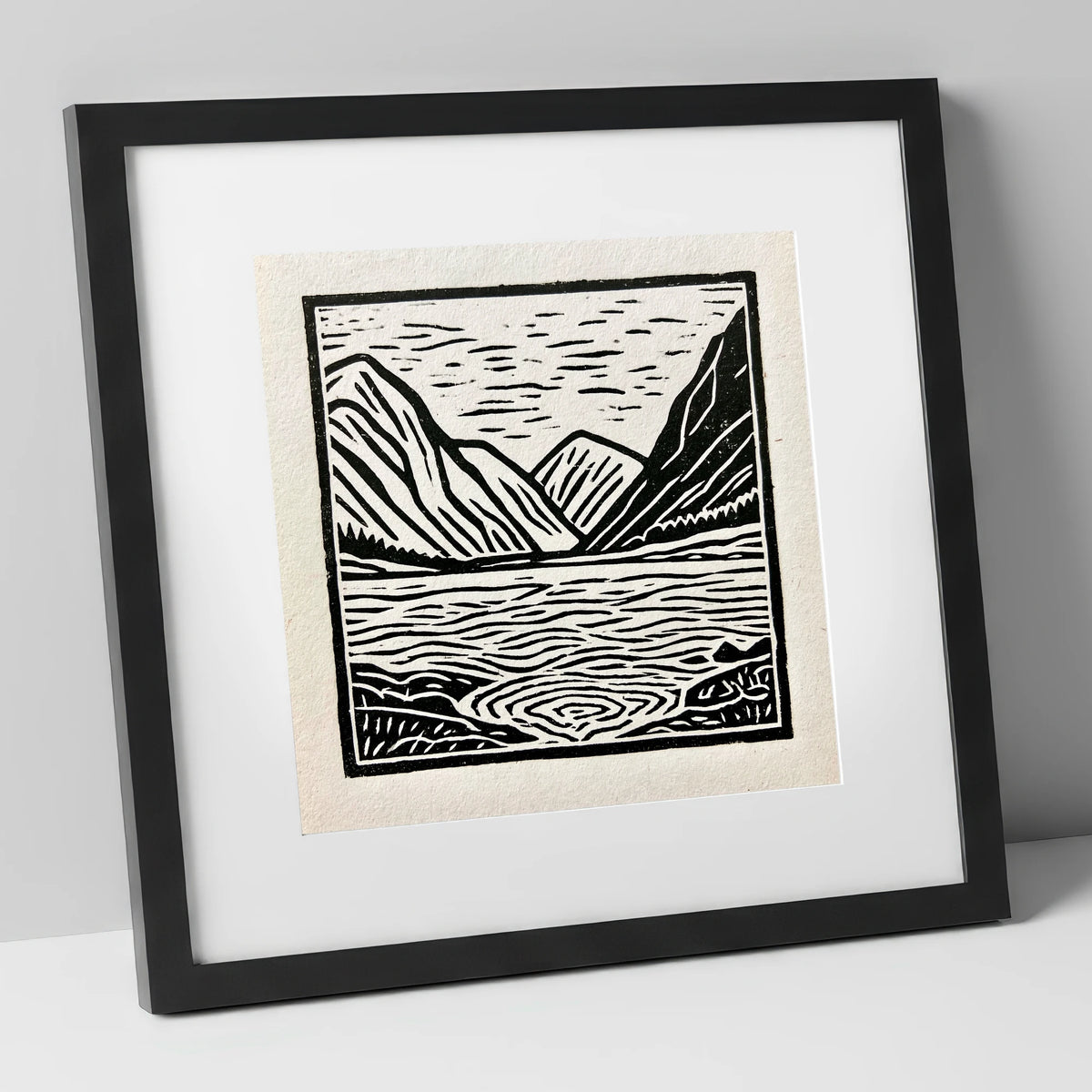 Graphic Ennerdale Water and Fells lake district valley art print in black frame