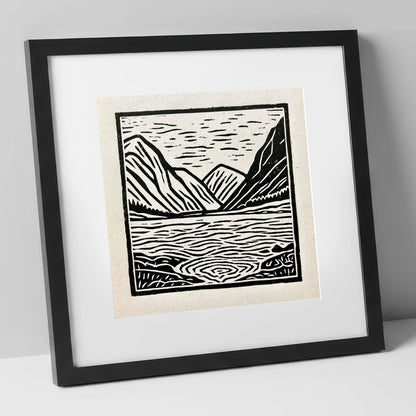 Graphic Ennerdale Water and Fells lake district valley art print in black frame