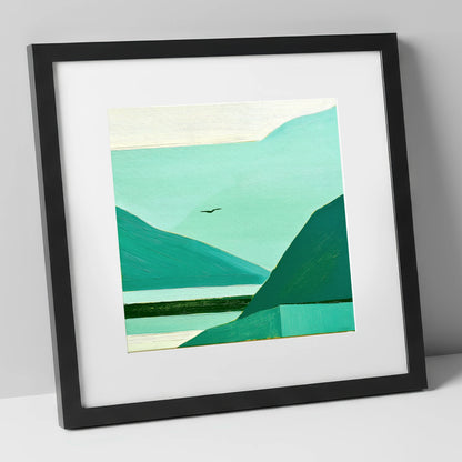 Teal Dawn Mist in Borrowdale lake district sky art print in black frame
