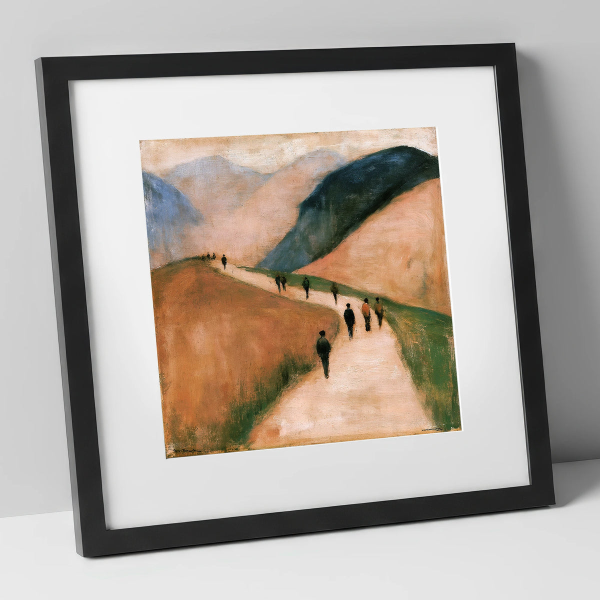 Walkers on an Earthy Mountain Path lake district walking art print in black frame