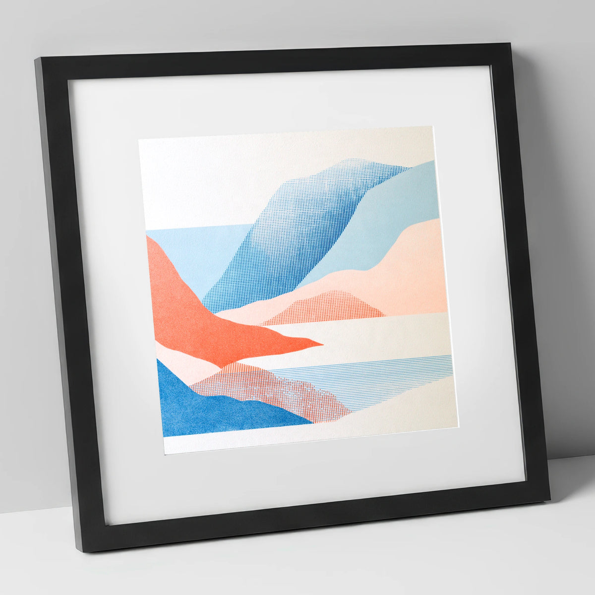 Borrowdale Valley in Coral and Blue lake district valley art print in black frame