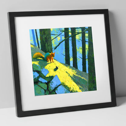 Red Squirrel in Sunlit Woodland lake district wildlife art print in black frame