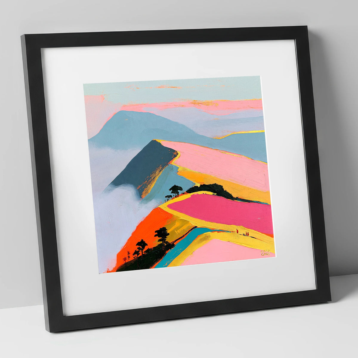 Vivid Misty Fell Ridge lake district fell art print in black frame