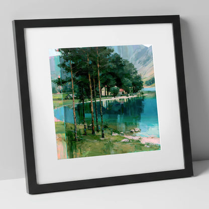 Pine Trees on Buttermere Shoreline lake district lake art print in black frame