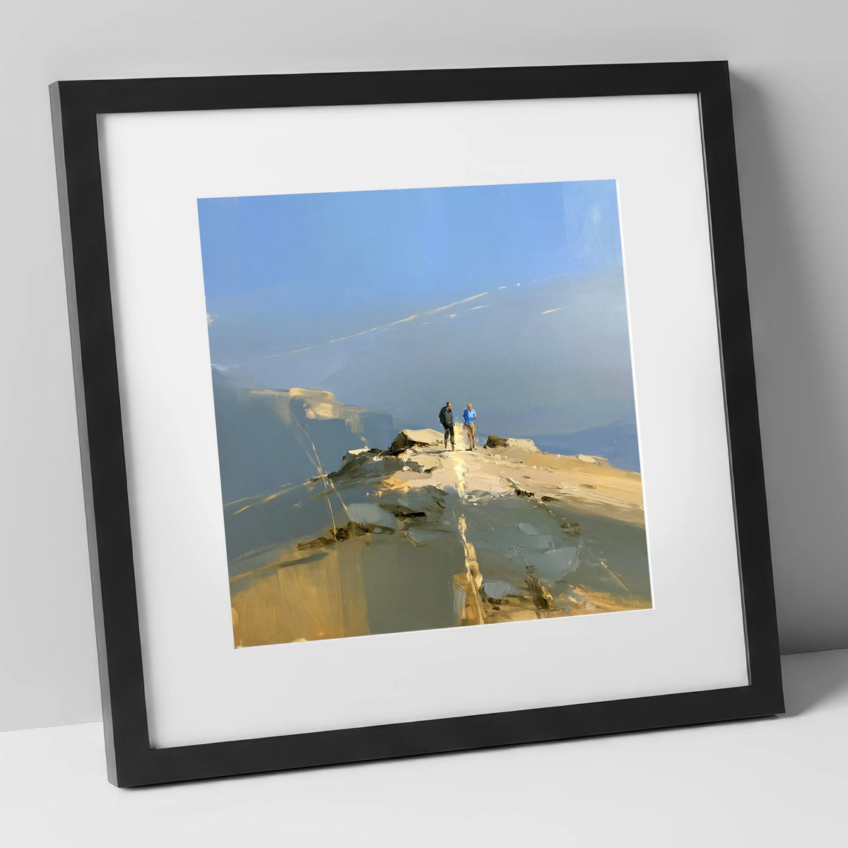 Walkers on a Sunlit Ridge lake district walking art print in black frame