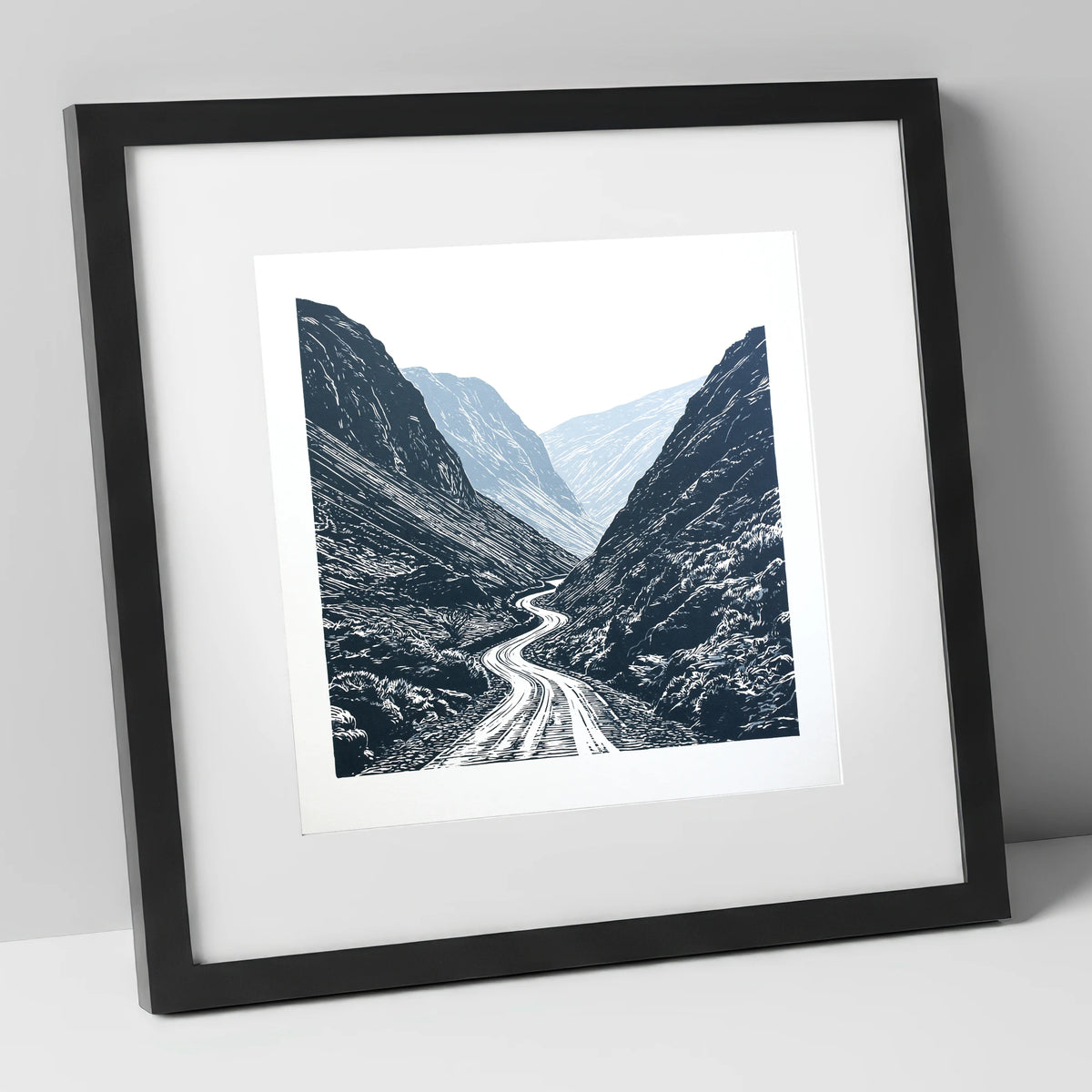 Honister Pass in Bold Navy lake district valley art print in black frame