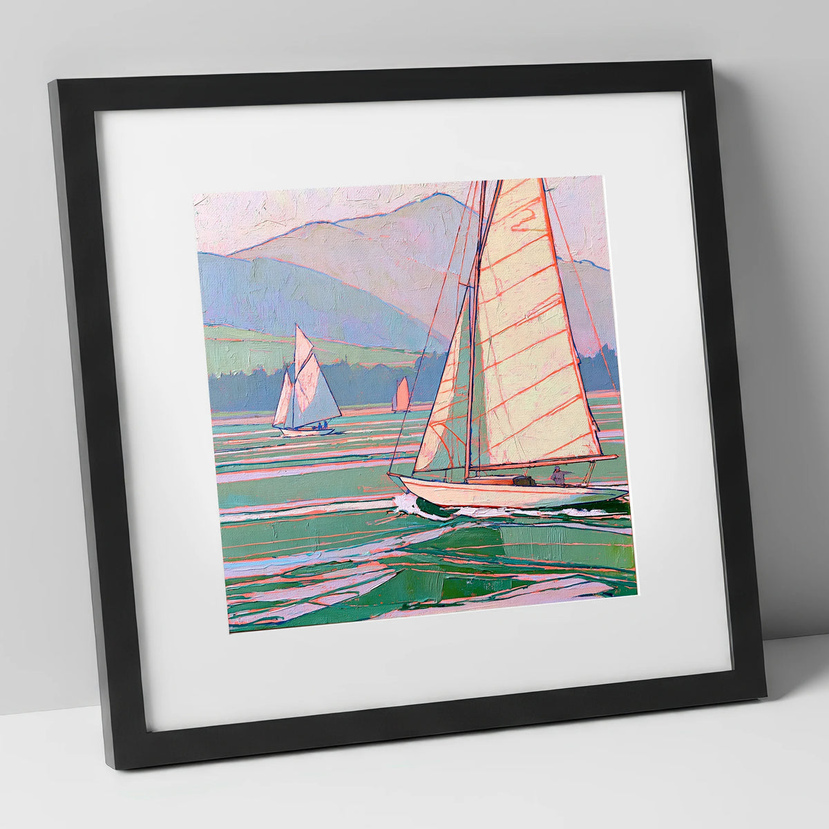Vivid Yachts on a Breezy Lake lake district walking art print in black frame