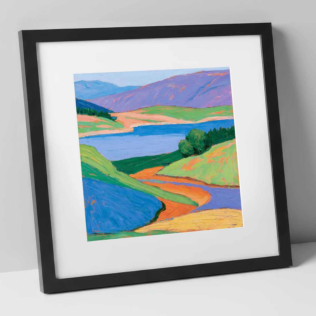 Cobalt Lake and Vibrant Fells lake district lake art print in black frame