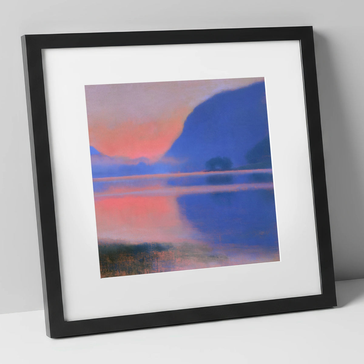 Pink Dawn Over Still Lake lake district lake art print in black frame