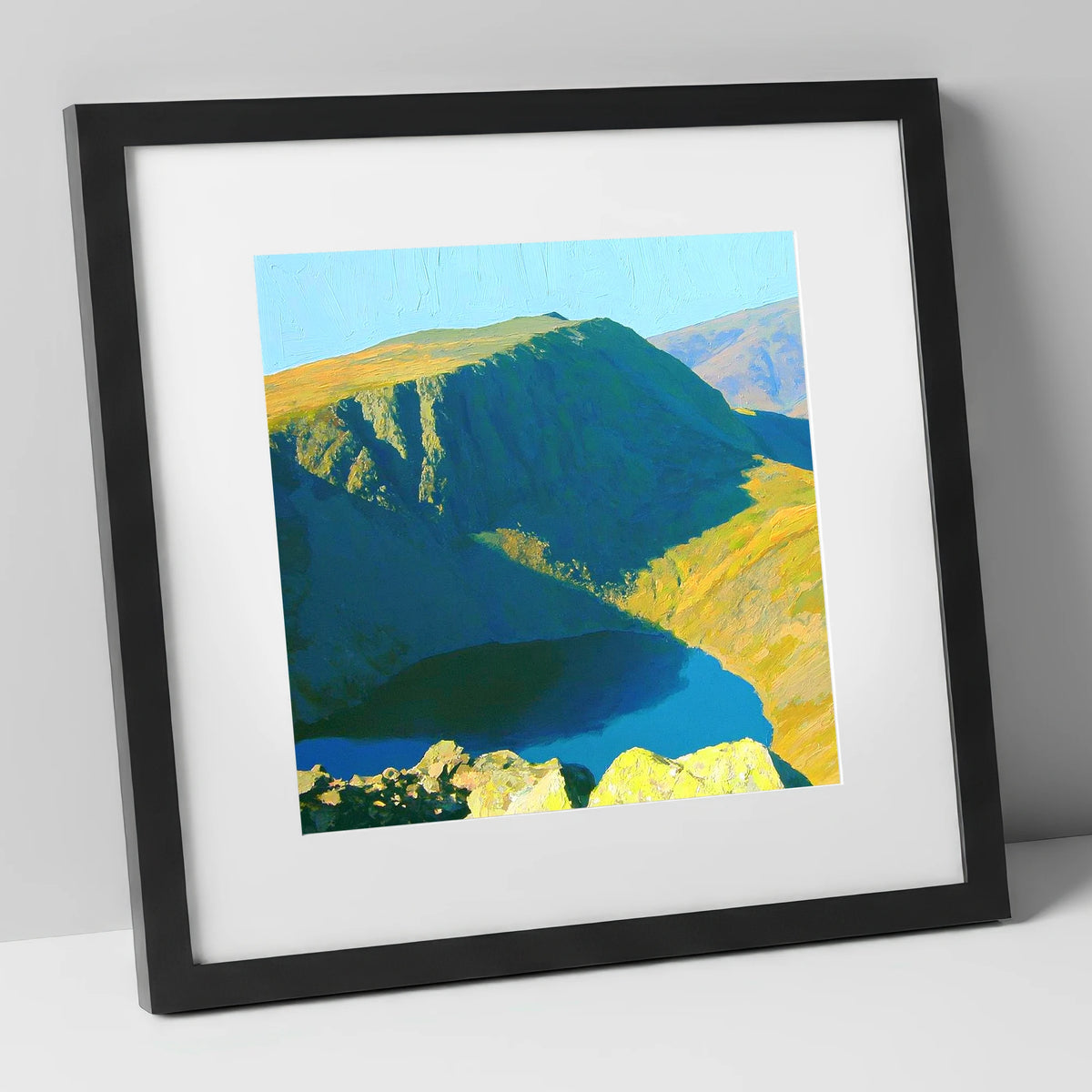 Vibrant Harter Fell Mountain Tarn lake district fell art print in black frame