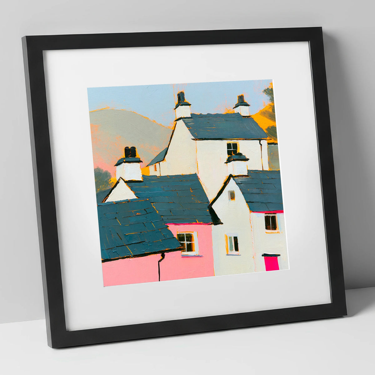 Vibrant Slate Roofed Cottages lake district village art print in black frame