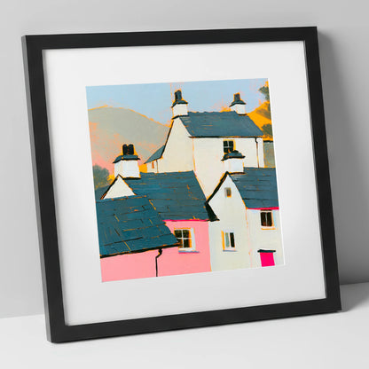 Vibrant Slate Roofed Cottages lake district village art print in black frame