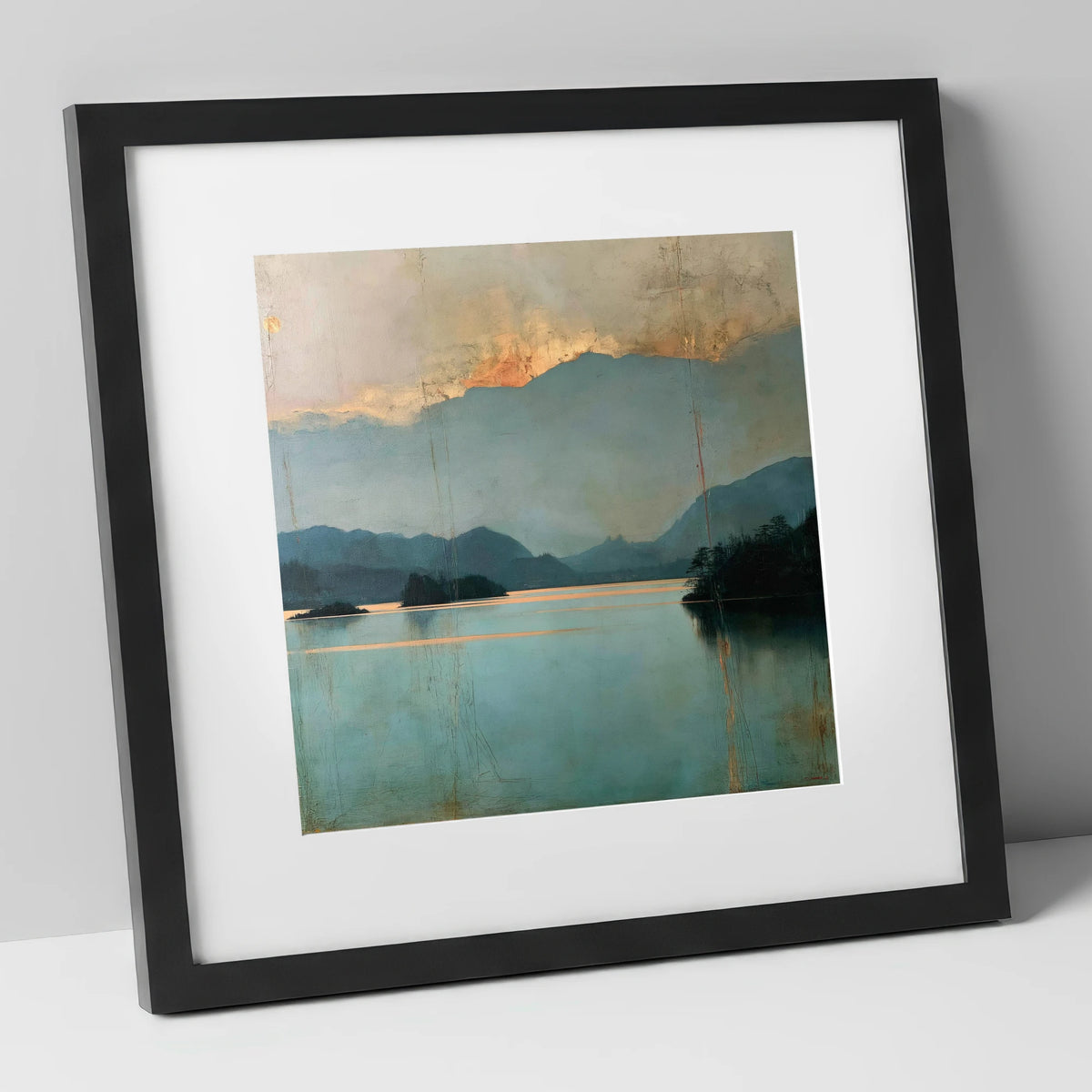 Golden Cloud Break at Derwentwater lake district lake art print in black frame