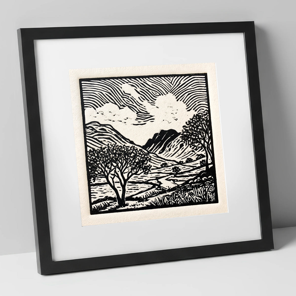 Black and White Eskdale Valley lake district valley art print in black frame
