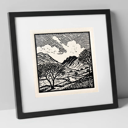 Black and White Eskdale Valley lake district valley art print in black frame