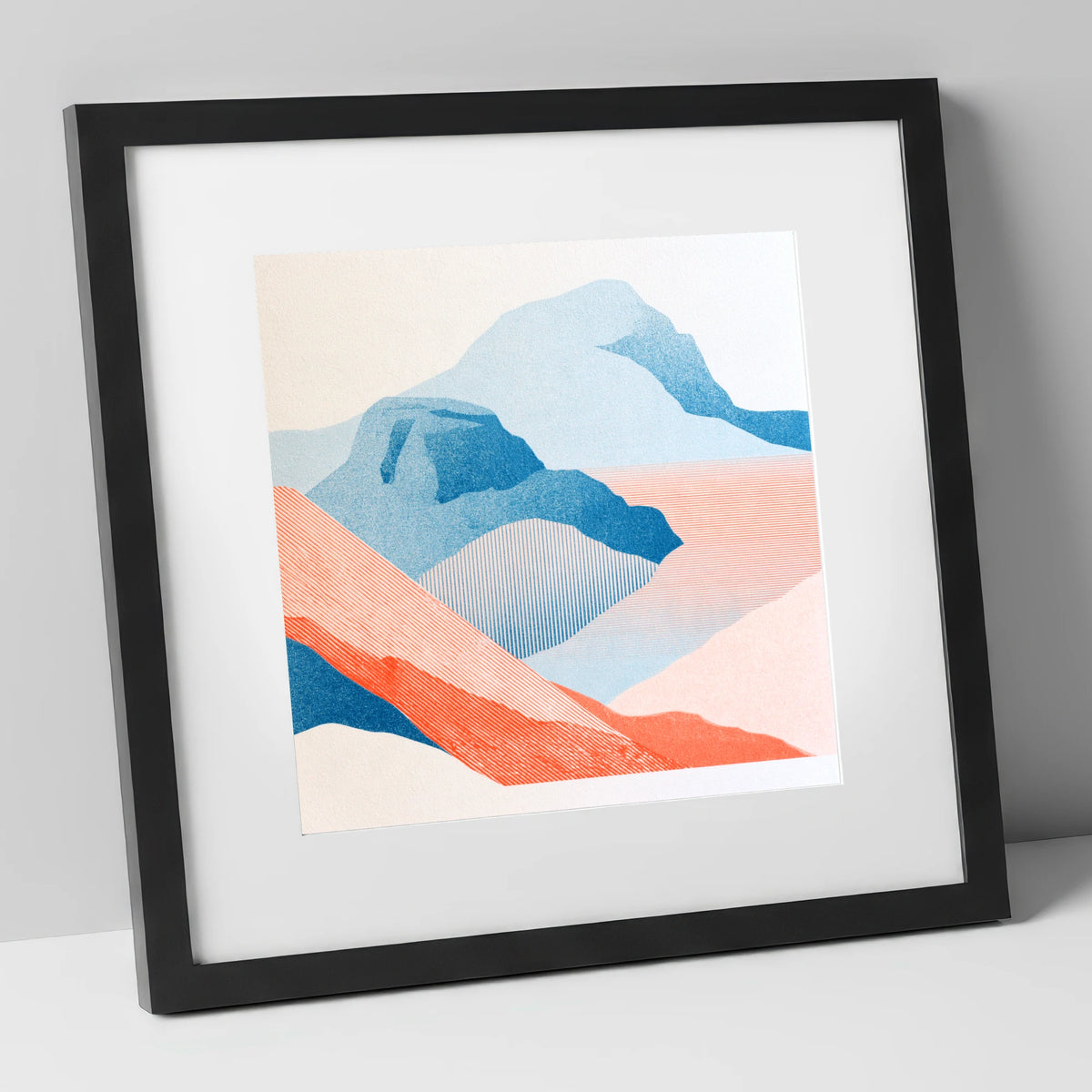 Bowfell in Graphic Coral and Blue lake district fell art print in black frame