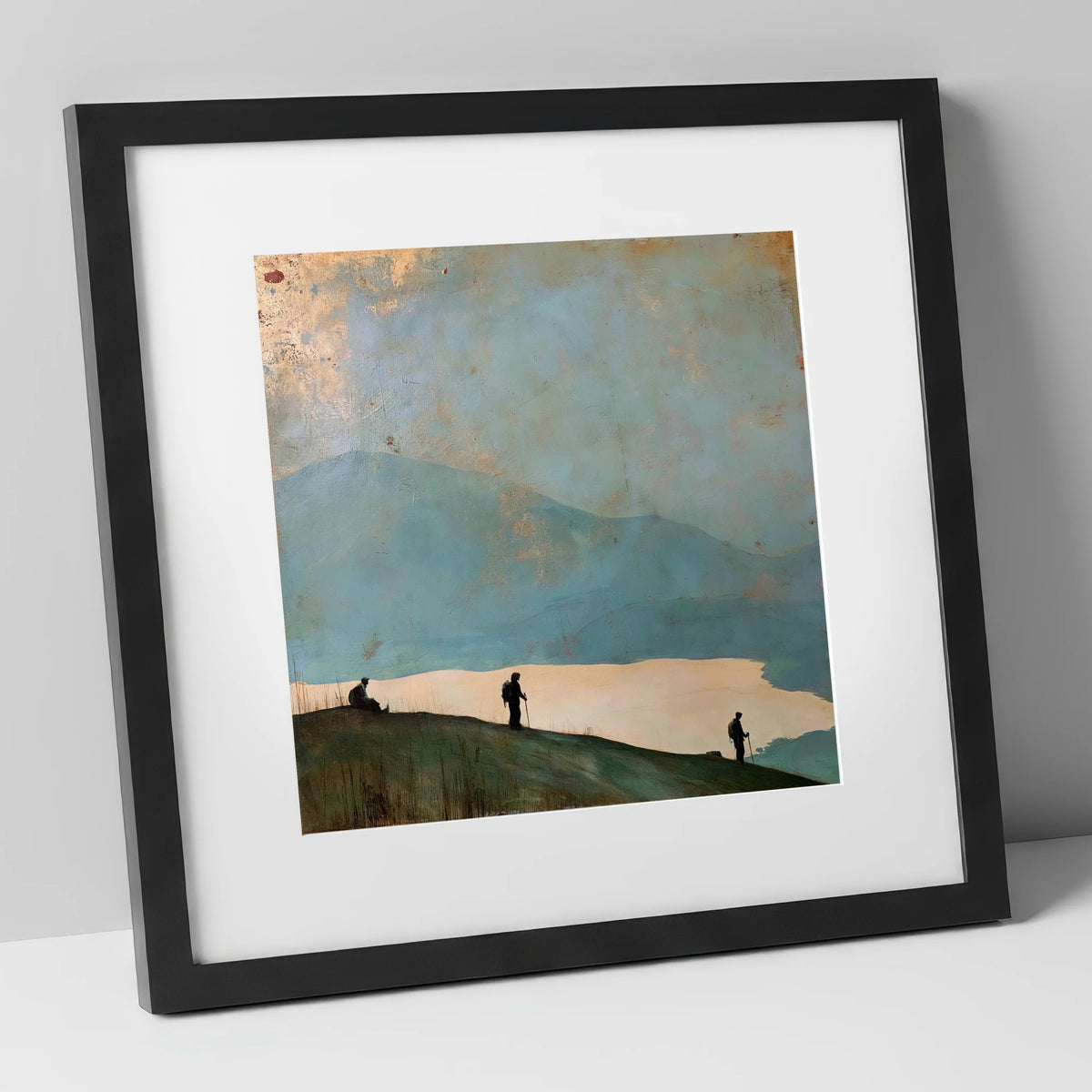 Silhouetted Walkers on Catbells lake district fell art print in black frame