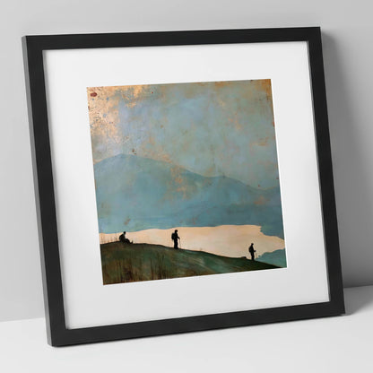 Silhouetted Walkers on Catbells lake district fell art print in black frame