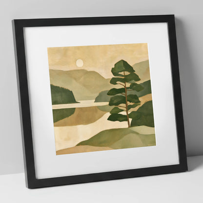 Still Lake and Pine at Dawn lake district lake art print in black frame