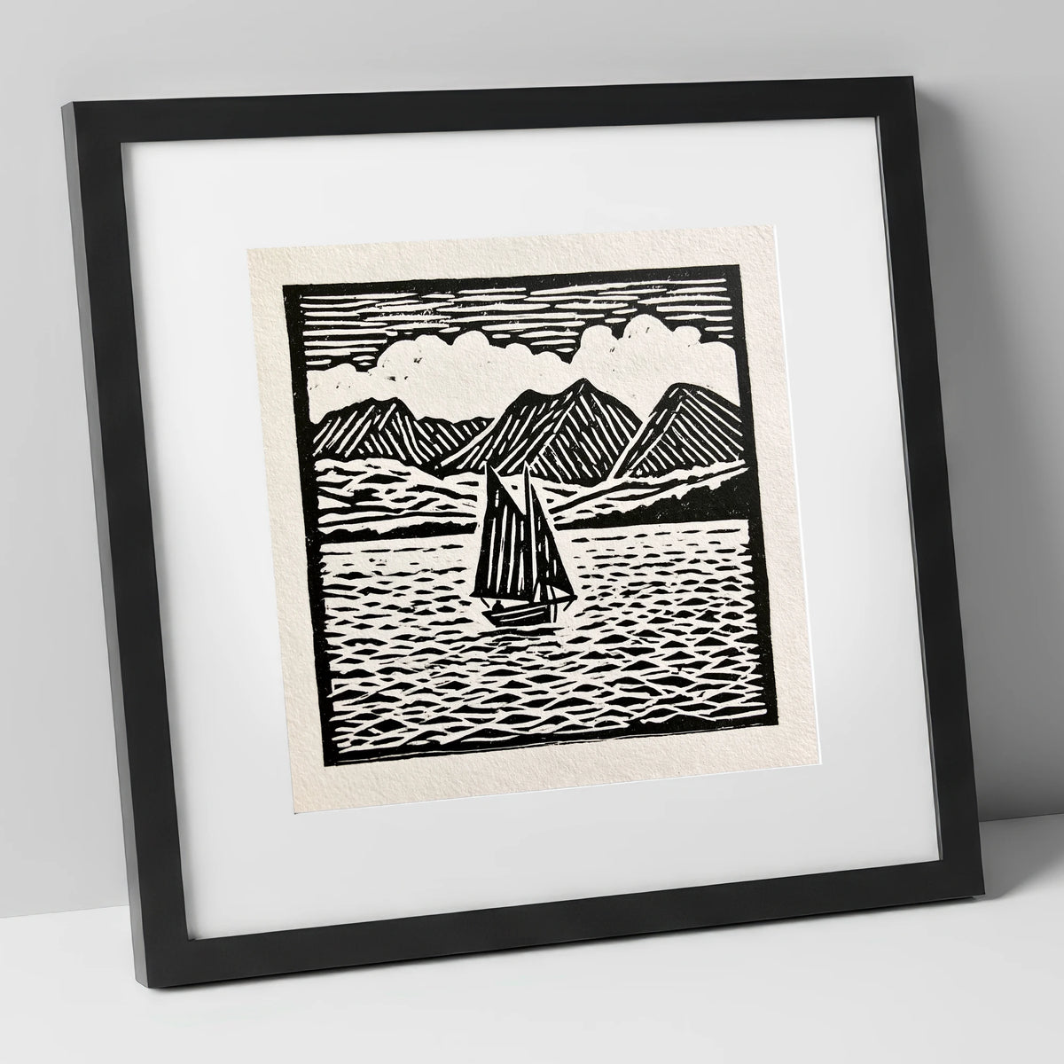 Monochrome Sailing Boat on Windermere lake district lake art print in black frame