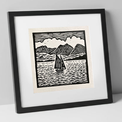 Monochrome Sailing Boat on Windermere lake district lake art print in black frame