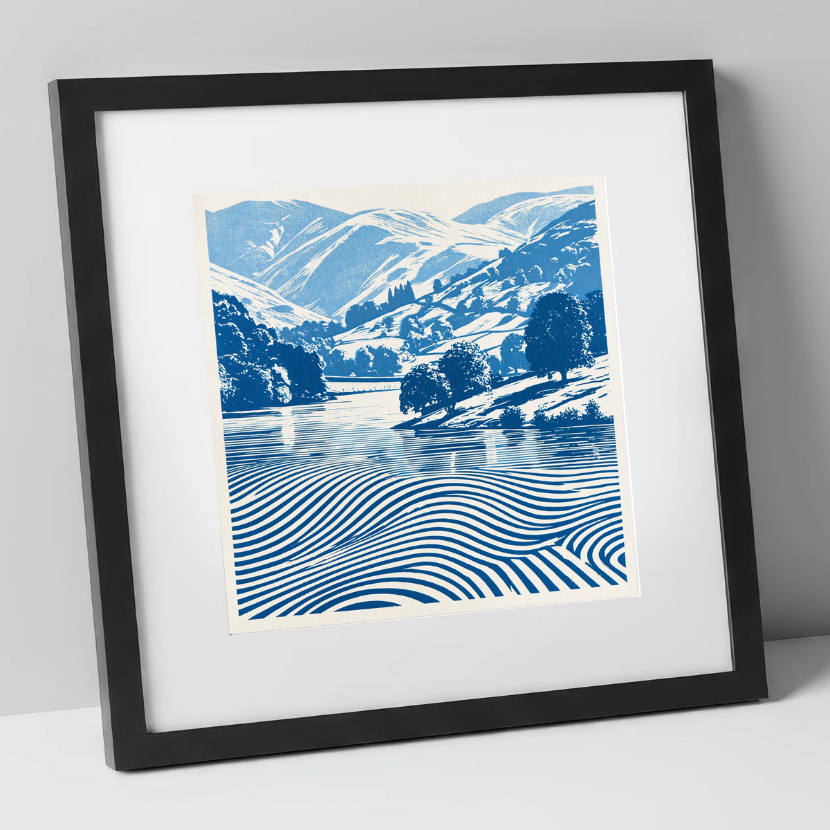 Grasmere in Cobalt Blue lake district lake art print in black frame