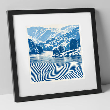 Grasmere in Cobalt Blue lake district lake art print in black frame