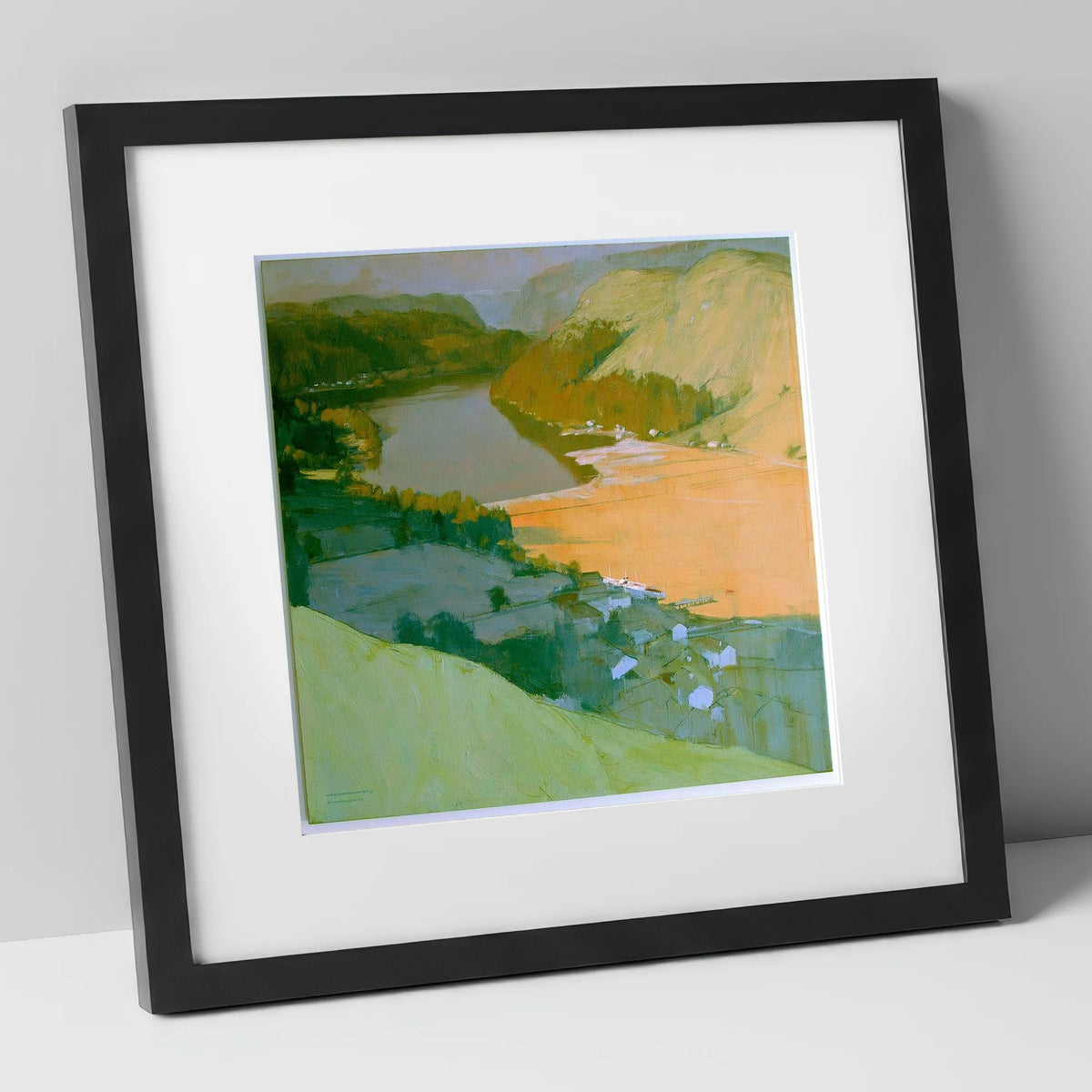 Glenridding and Ullswater Apricot Light lake district village art print in black frame