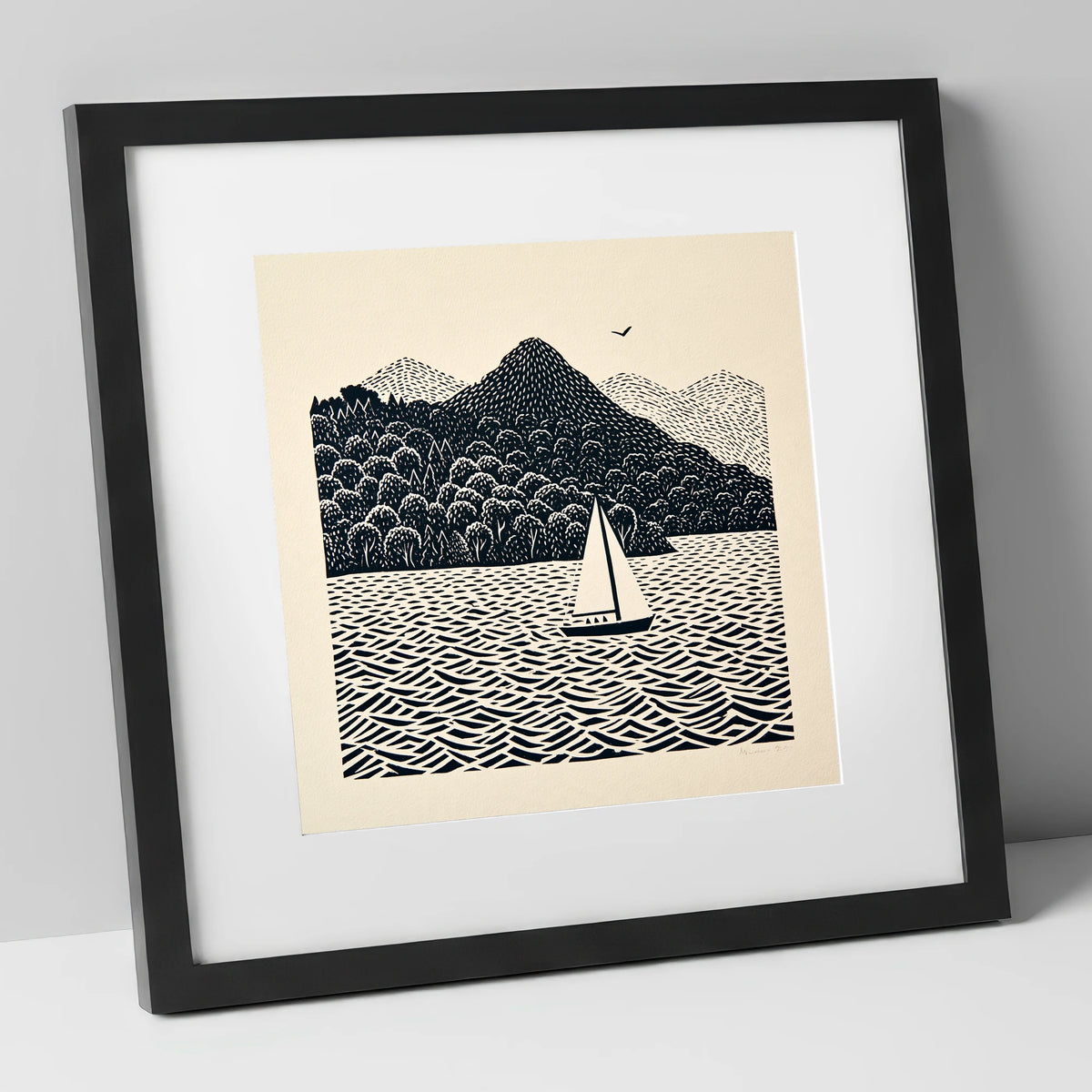 Monochrome Windermere Sailboat lake district lake art print in black frame