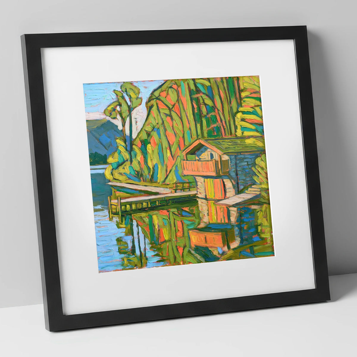 Vivid Pooley Bridge Boathouse lake district village art print in black frame
