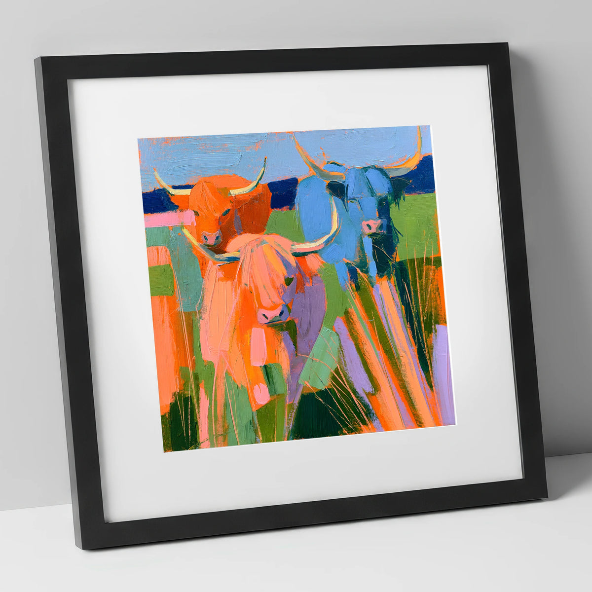 Vibrant Highland Cattle Trio lake district wildlife art print in black frame