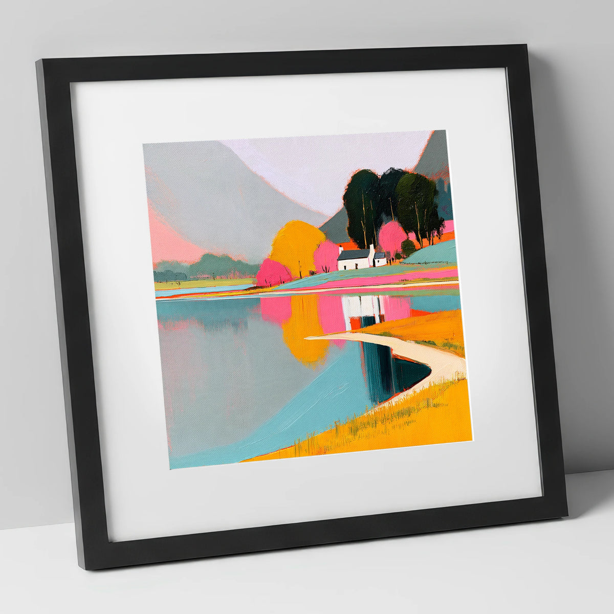 Vibrant Cottage and Lake Reflections lake district lake art print in black frame