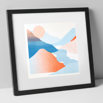 Graphic Eskdale Valley in Coral lake district valley art print in black frame