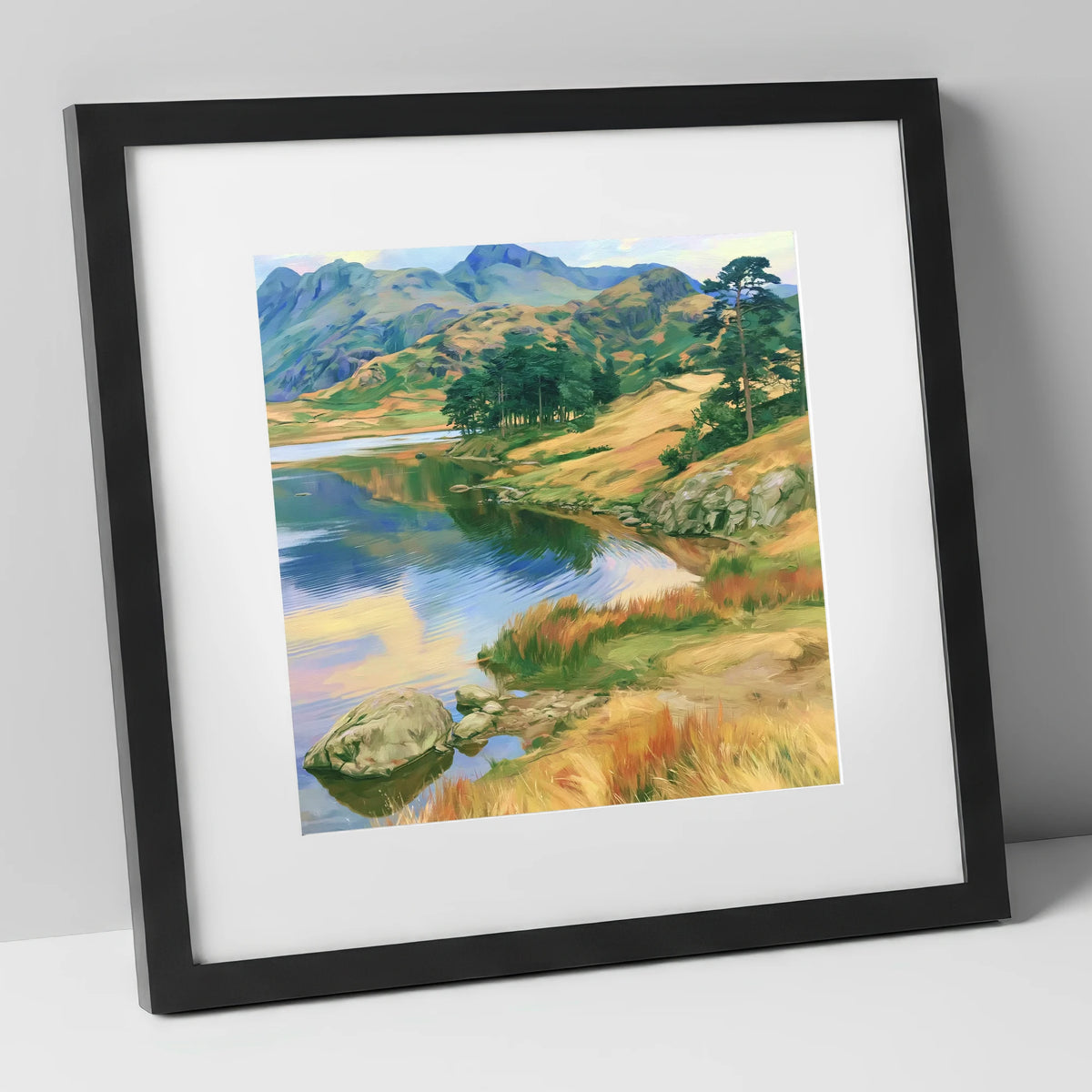 Pine Copse by the Fellside Lake lake district lake art print in black frame
