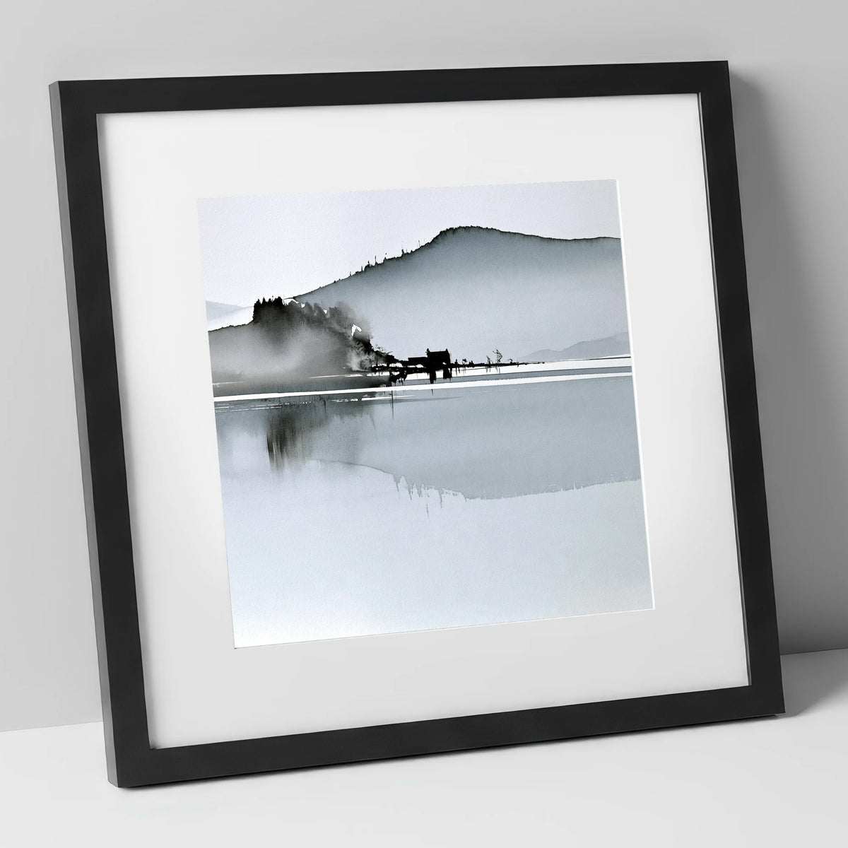 Monochrome Calm Lake Reflections lake district lake art print in black frame
